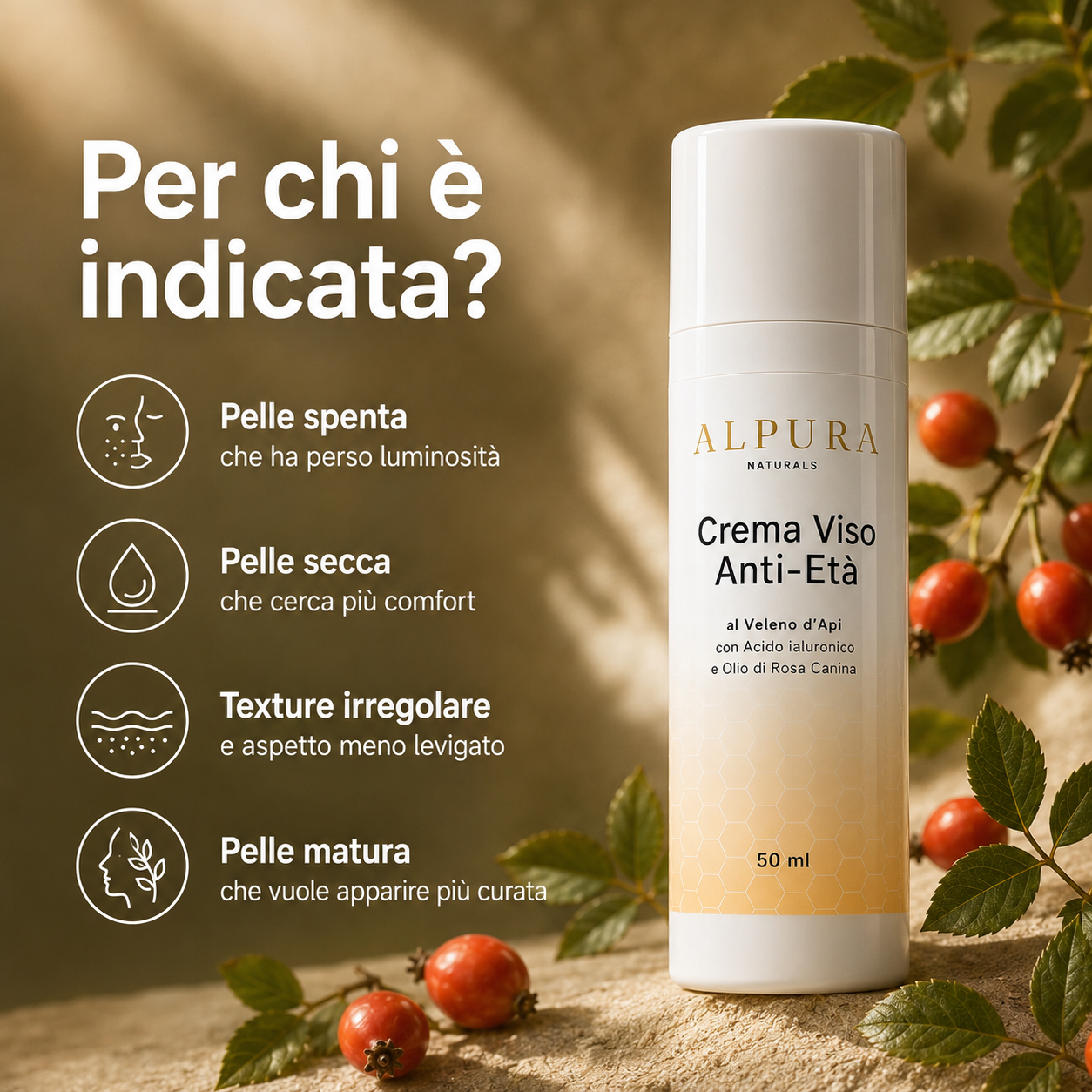Crema Viso Anti-Età al Veleno d'Api con Acido Ialuronico e Olio di Rosa Canina – 50ml