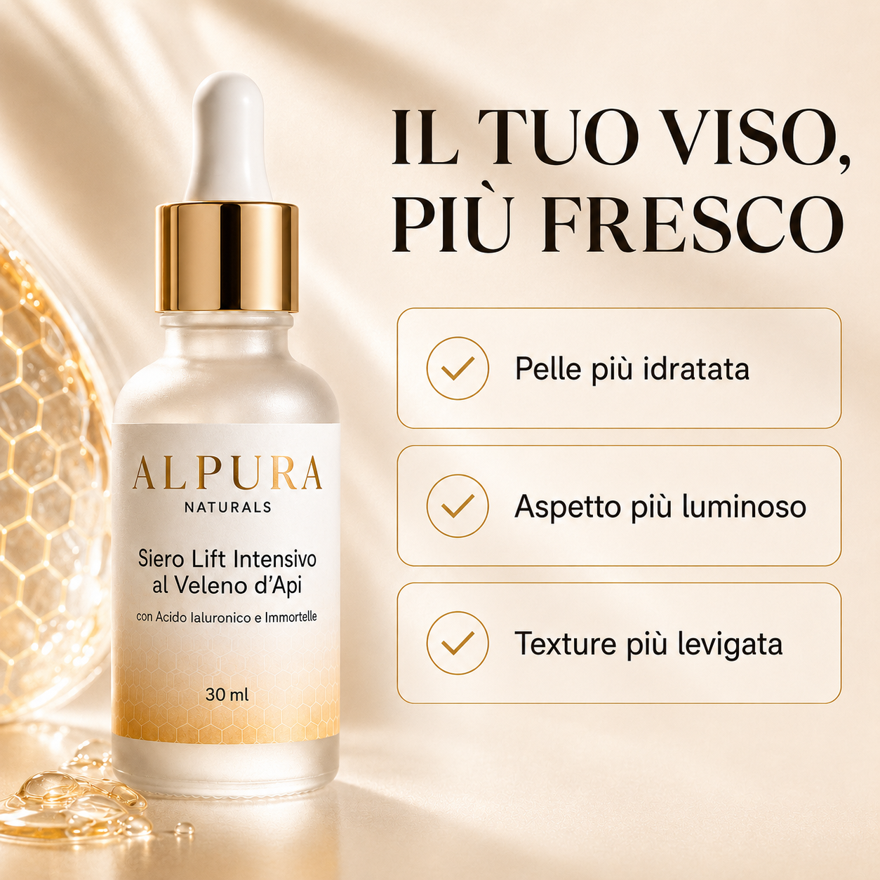 Siero Viso Anti-Età al Veleno d'Api con Acido Ialuronico e Immortelle – 30ml