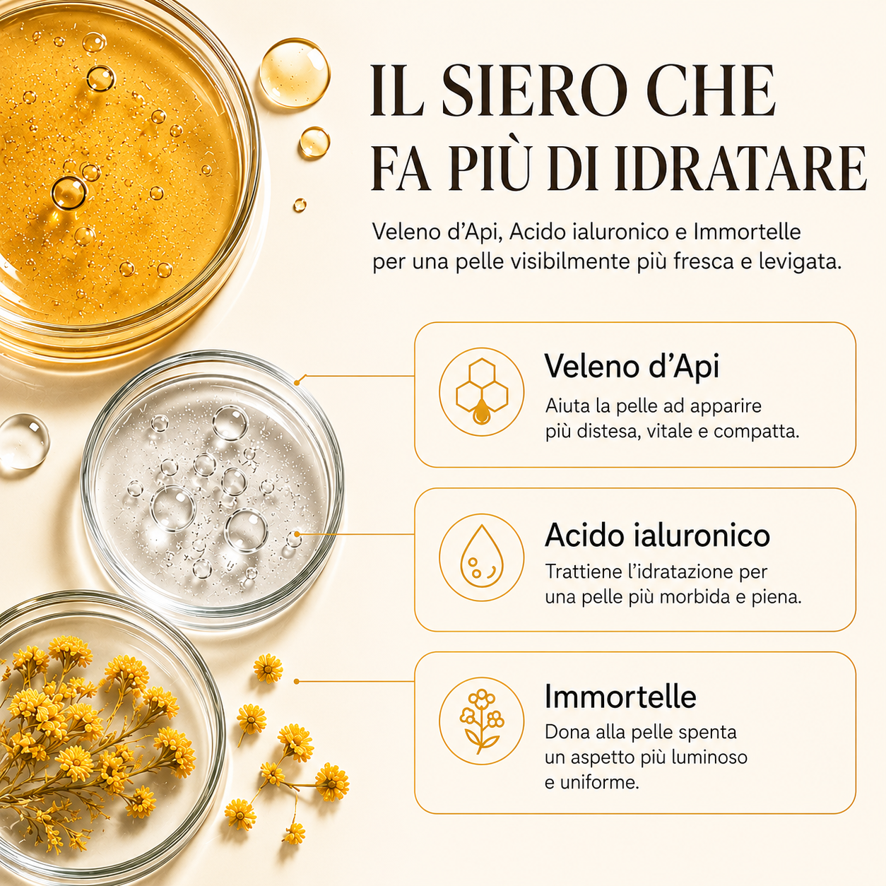 Siero Viso Anti-Età al Veleno d'Api con Acido Ialuronico e Immortelle – 30ml